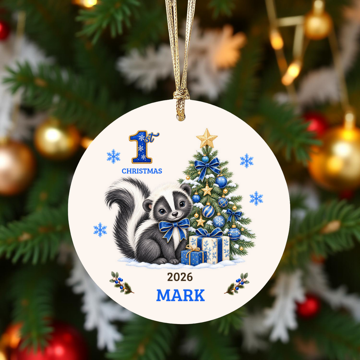 Personalized Baby Skunk Christmas Ornament, Baby's First Christmas, 1st–10th Christmas Keepsake, Custom Name and Year, Pink or Blue