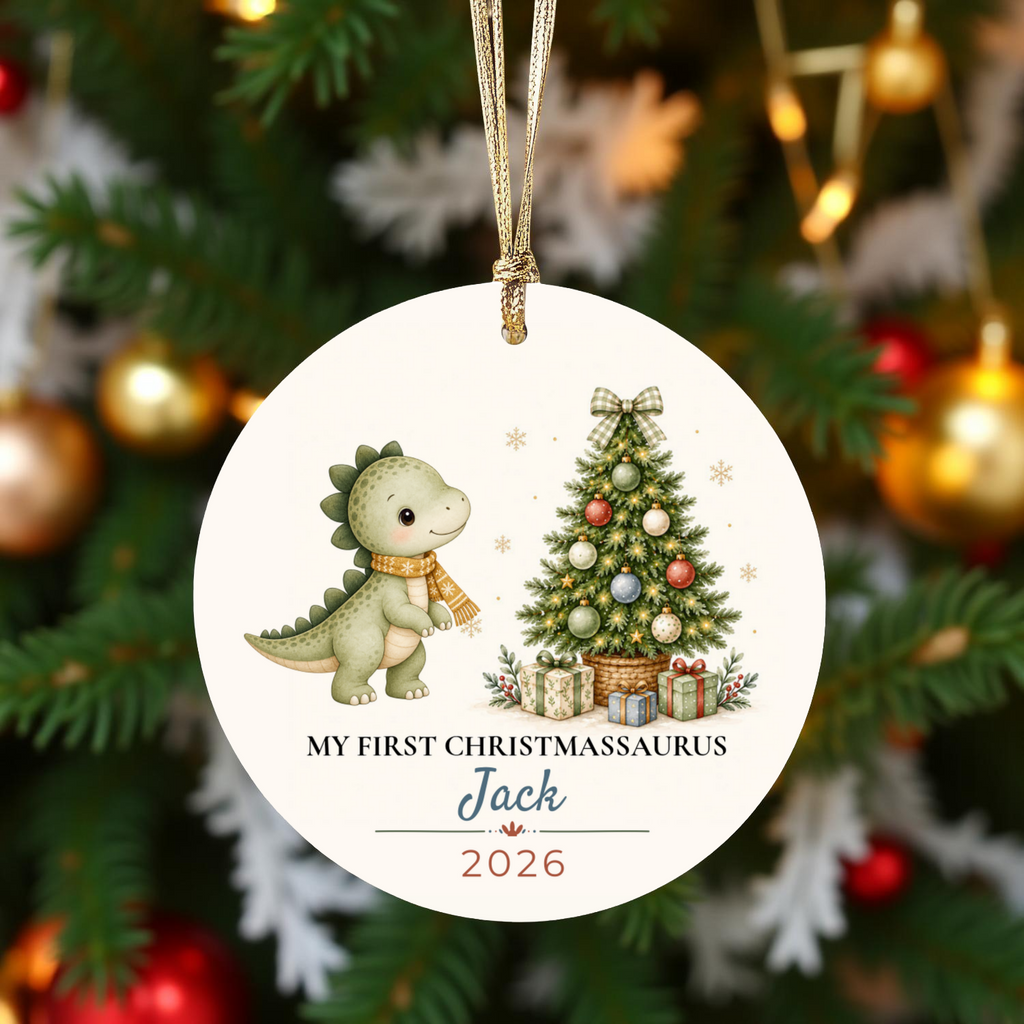 Personalized Dinosaur Christmas Ornament, Baby Boy 1st 2nd 3rd Christmas, Custom Name Year, Christmassaurus Ceramic Keepsake