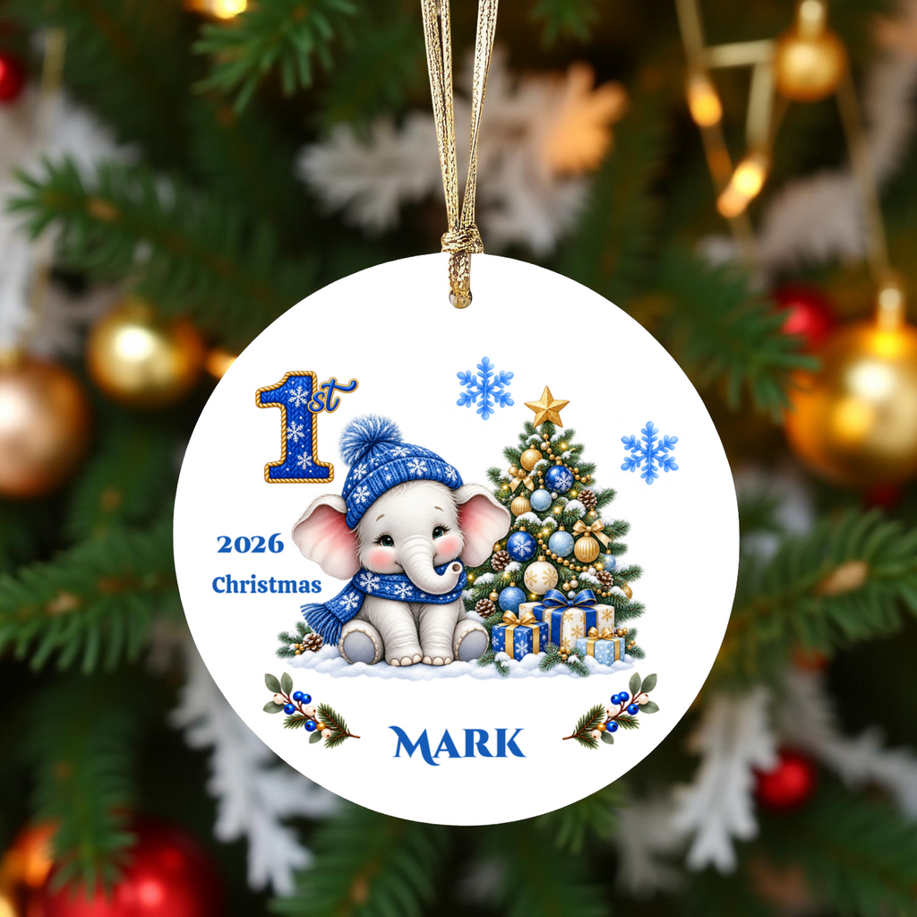 Elephant Baby Personalized Christmas Ornament Blue, Baby's 1st 2nd 3rd Christmas, Custom Name Year Ceramic Keepsake, Girl Gift