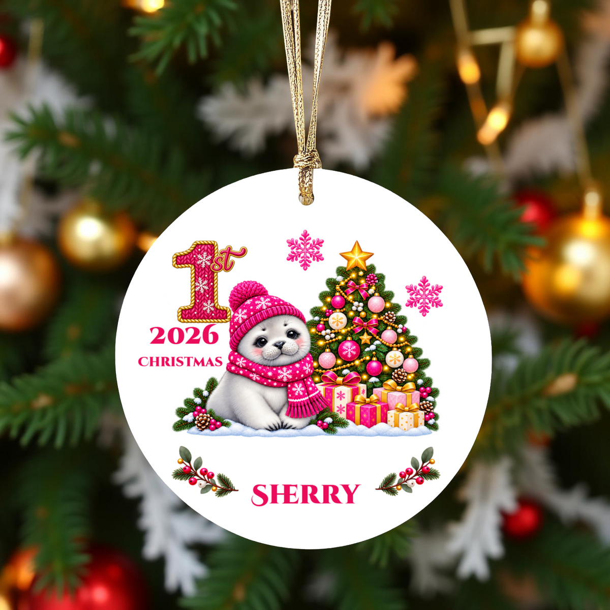 Baby Seal Pup Personalized Christmas Ornament, Custom Name Year Ceramic Keepsake, Baby’s 1st 2nd 3rd Christmas, Girl Gift