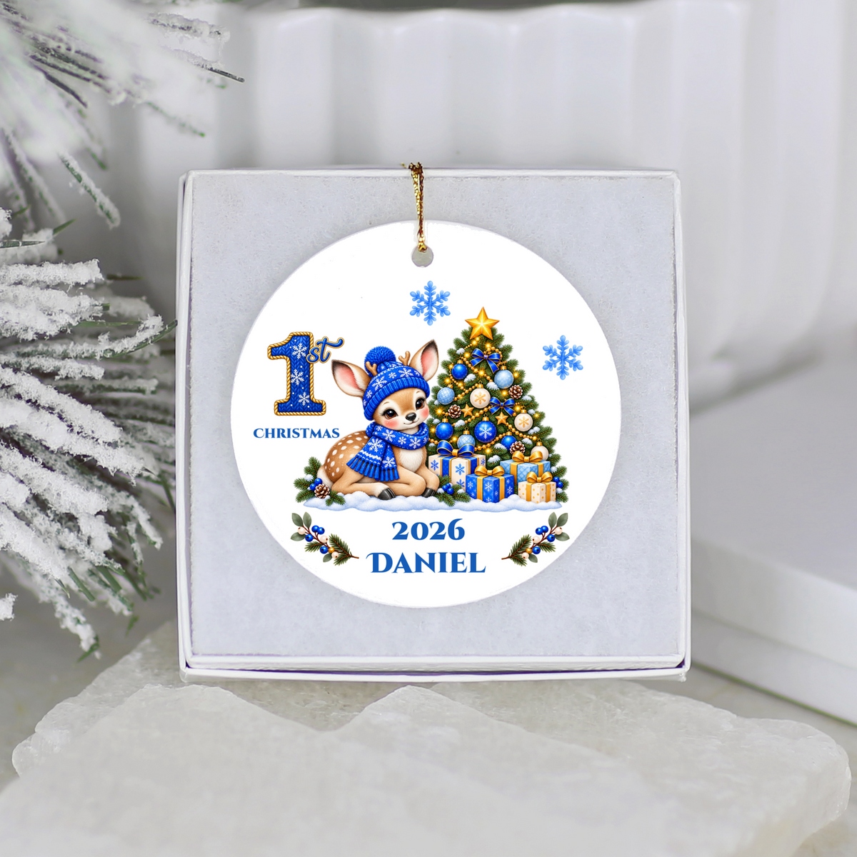 Fawn Baby Personalized Christmas Ornament, Baby's 1st 2nd 3rd Christmas, Custom Name Year Ceramic Keepsake, Boy or Girl Gift