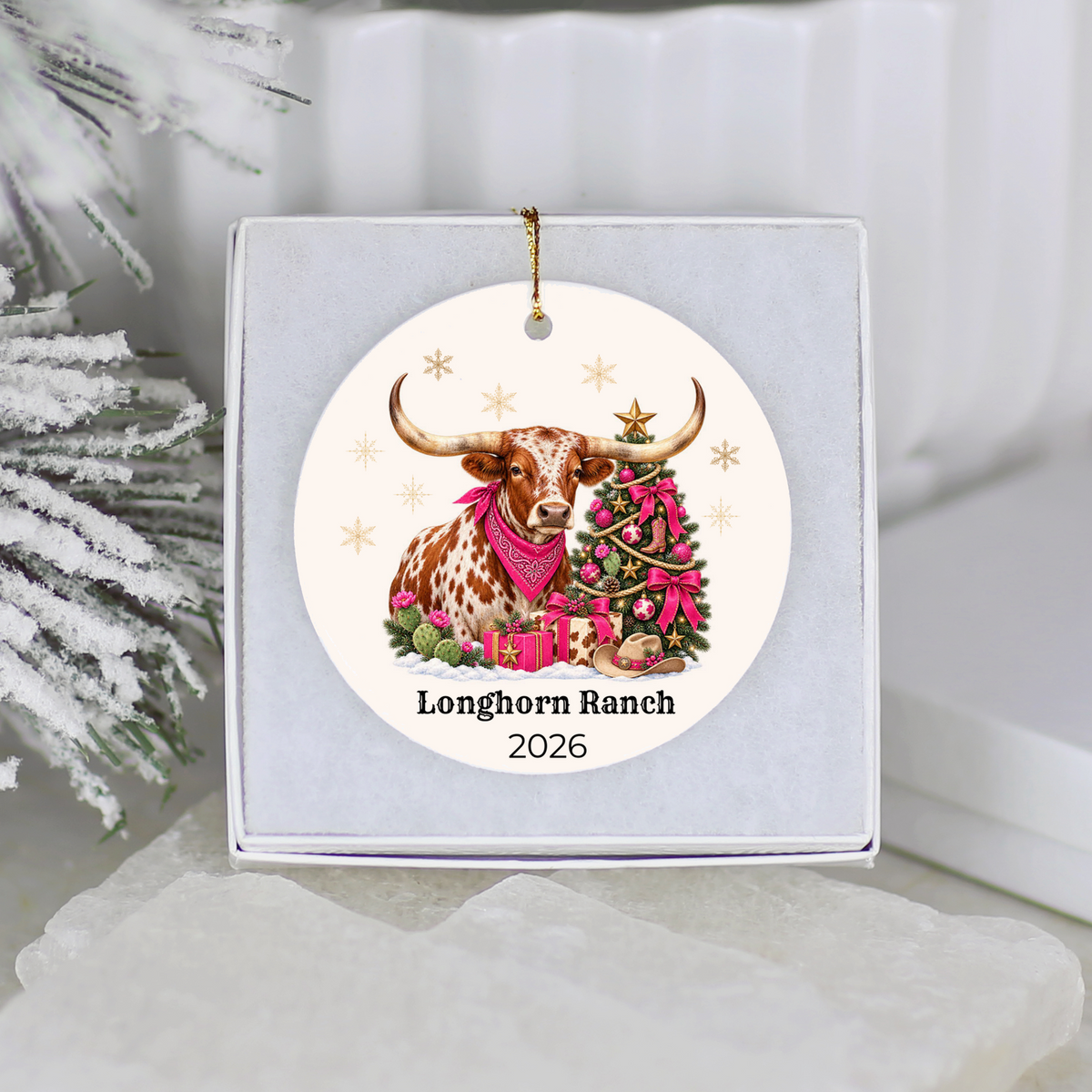 Personalized Longhorn Christmas Ornament, Western Cowboy Ceramic Ornament, Custom Name and Year