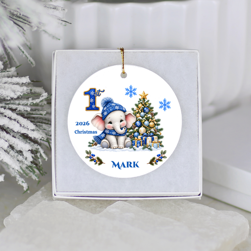 Elephant Baby Personalized Christmas Ornament Blue, Baby's 1st 2nd 3rd Christmas, Custom Name Year Ceramic Keepsake, Girl Gift
