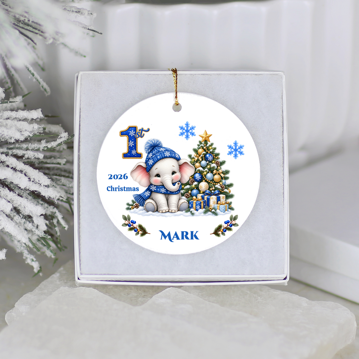 Elephant Baby Personalized Christmas Ornament Blue, Baby's 1st 2nd 3rd Christmas, Custom Name Year Ceramic Keepsake, Girl Gift