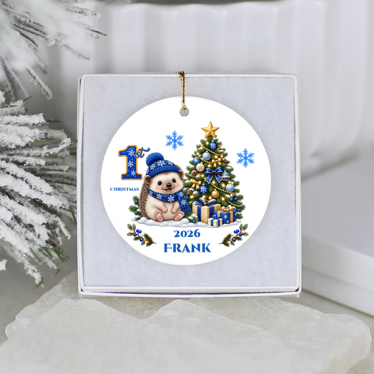 Hedgehog Baby Personalized Christmas Ornament, Baby's 1st 2nd 3rd Christmas, Custom Name Year Ceramic Keepsake