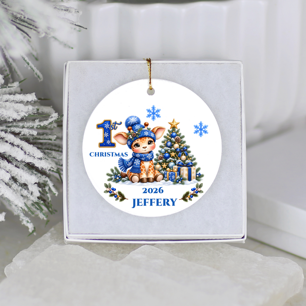 Giraffe Baby Personalized Christmas Ornament, Baby's 1st 2nd 3rd Christmas, Custom Name Year Ceramic Keepsake, Boy or Girl Gift