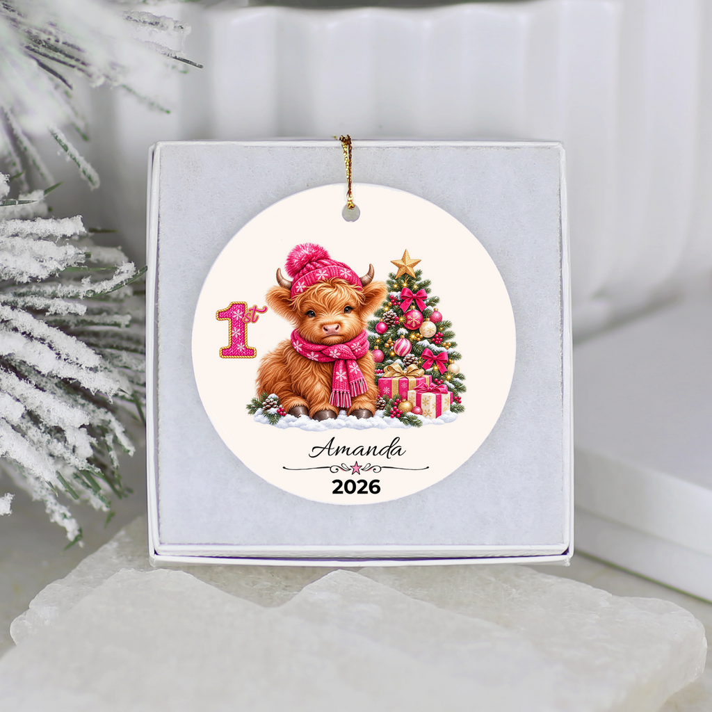 Personalized Christmas Ornament – Pink or Blue Highland Cow First, Second, Third Christmas 2026, Custom Name Keepsake, 3 Inch Ceramic Holiday Decor