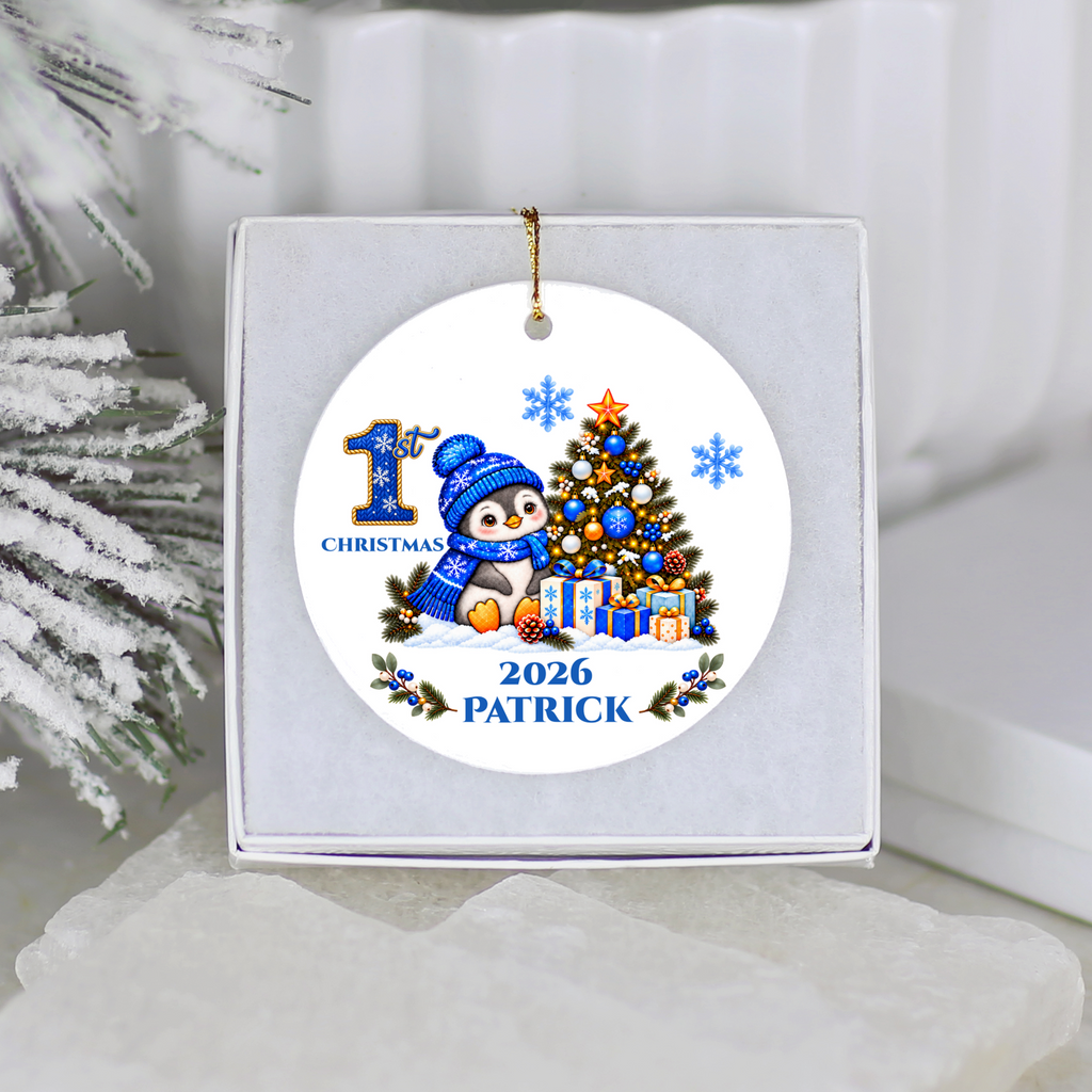 Penguin Baby Personalized Christmas Ornament, Baby's 1st 2nd 3rd Christmas, Custom Name Year Ceramic Keepsake, Boy or Girl Gift