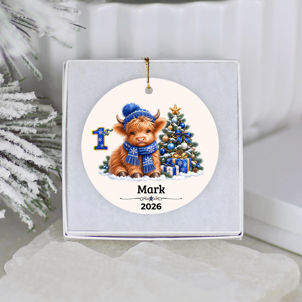 Personalized Christmas Ornament – Pink or Blue Highland Cow First, Second, Third Christmas 2026, Custom Name Keepsake, 3 Inch Ceramic Holiday Decor