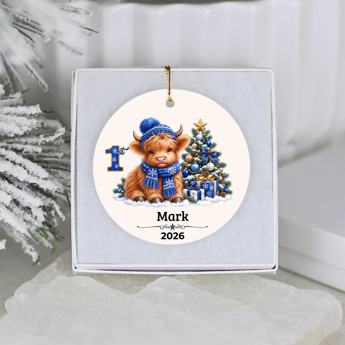Personalized Christmas Ornament – Pink or Blue Highland Cow First, Second, Third Christmas 2026, Custom Name Keepsake, 3 Inch Ceramic Holiday Decor