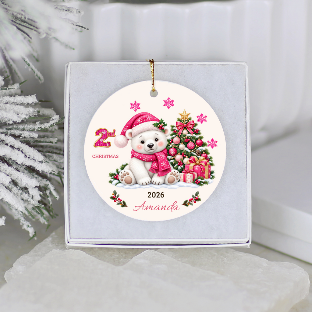 Personalized Baby Polar Bear Christmas Ornament, Baby's First Christmas, 1st–10th Christmas Keepsake, Custom Name and Year, Pink or Blue