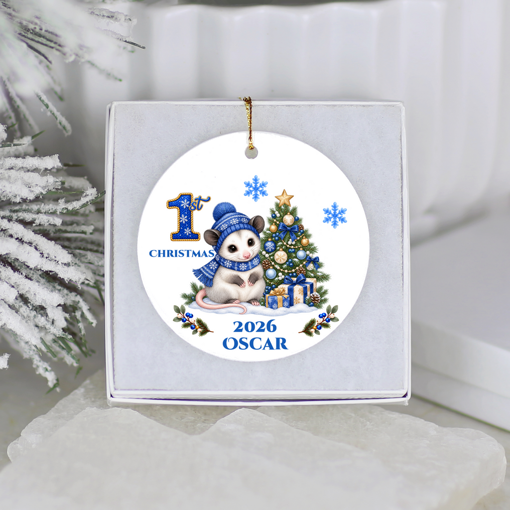 Opossum Baby Personalized Christmas Ornament, Baby's 1st 2nd 3rd Christmas, Custom Name Year Ceramic Keepsake, Boy Gift