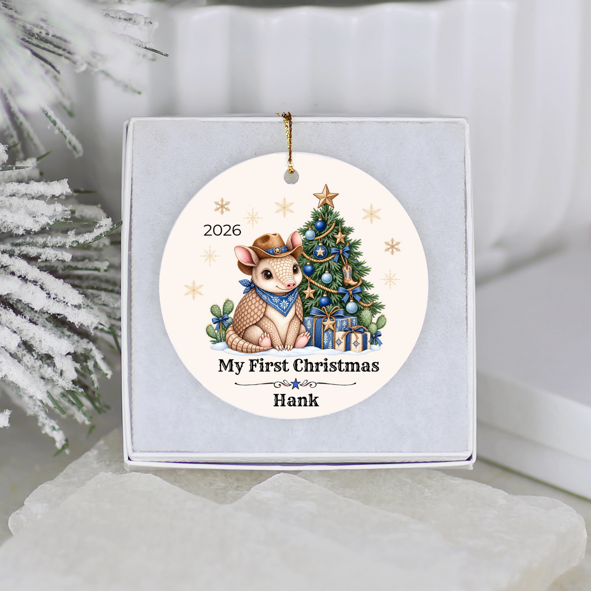 Personalized Baby Armadillo Christmas Ornament, Baby's First Christmas, Western Cowboy Cowgirl Baby Gift, Custom Name Year, Blue or Pink