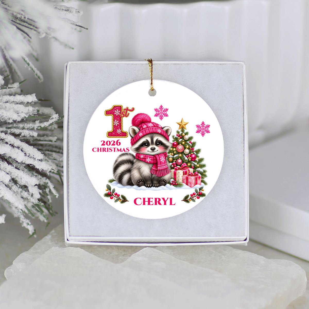 Baby Raccoon Personalized Christmas Ornament, First Christmas Keepsake, Pink Winter Animal Ceramic Tree Decoration, New Baby Gift 2026
