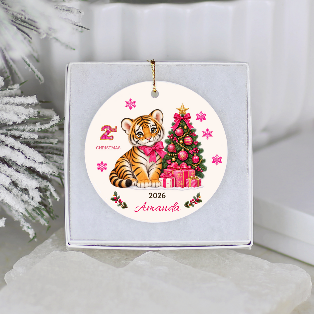 Personalized Baby Tiger Christmas Ornament, Baby's 1st to 10th Christmas Keepsake, Custom Name and Year, Pink or Blue, Ceramic Gift