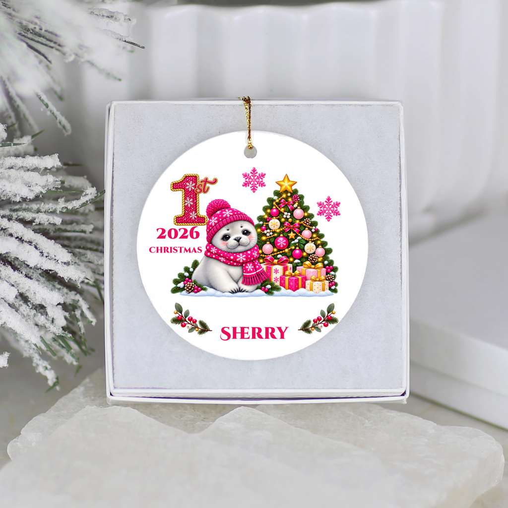 Baby Seal Pup Personalized Christmas Ornament, Custom Name Year Ceramic Keepsake, Baby’s 1st 2nd 3rd Christmas, Girl Gift