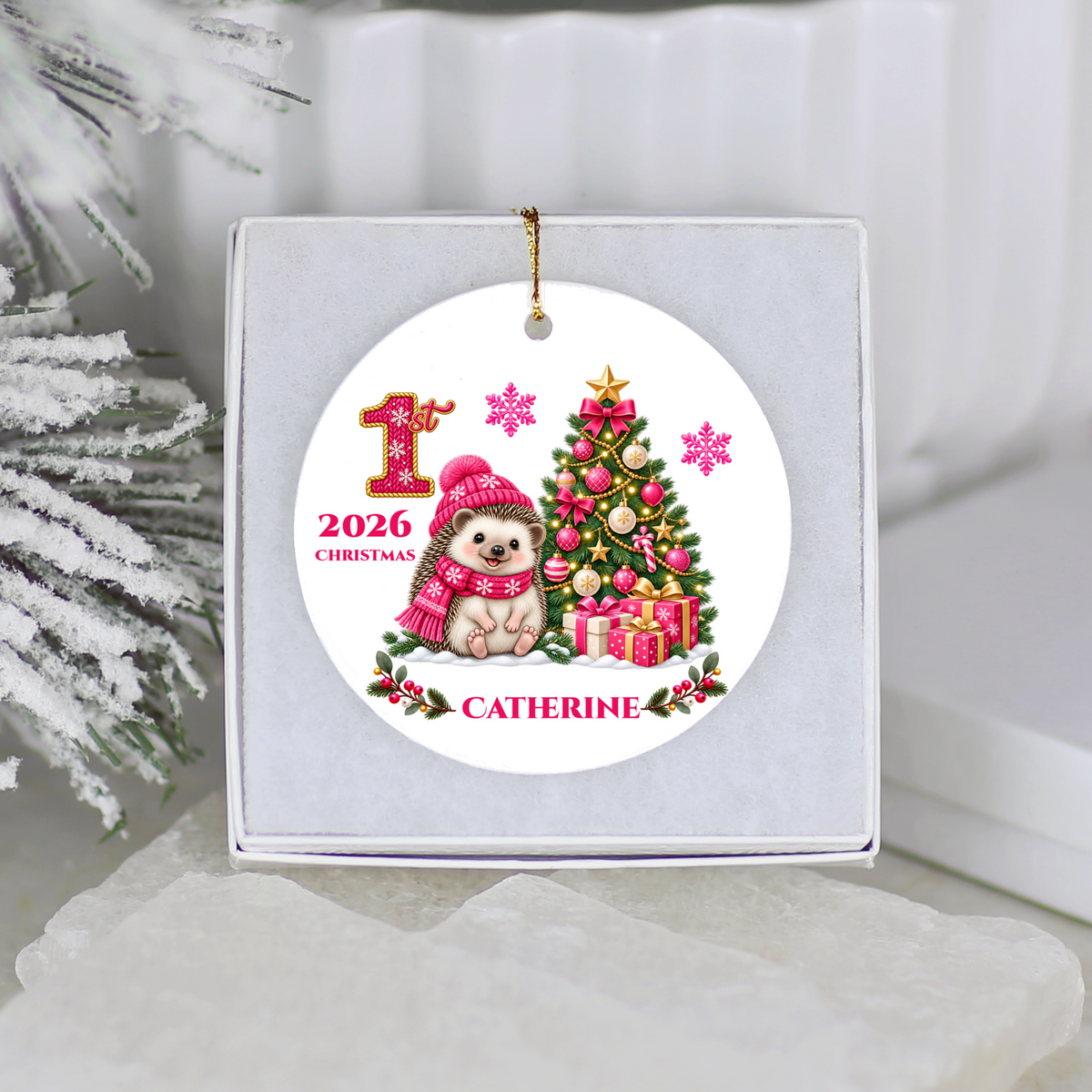 Hedgehog Baby Personalized Christmas Ornament Pink, Baby's 1st 2nd 3rd Christmas, Custom Name Year Ceramic Keepsake, Girl Gift