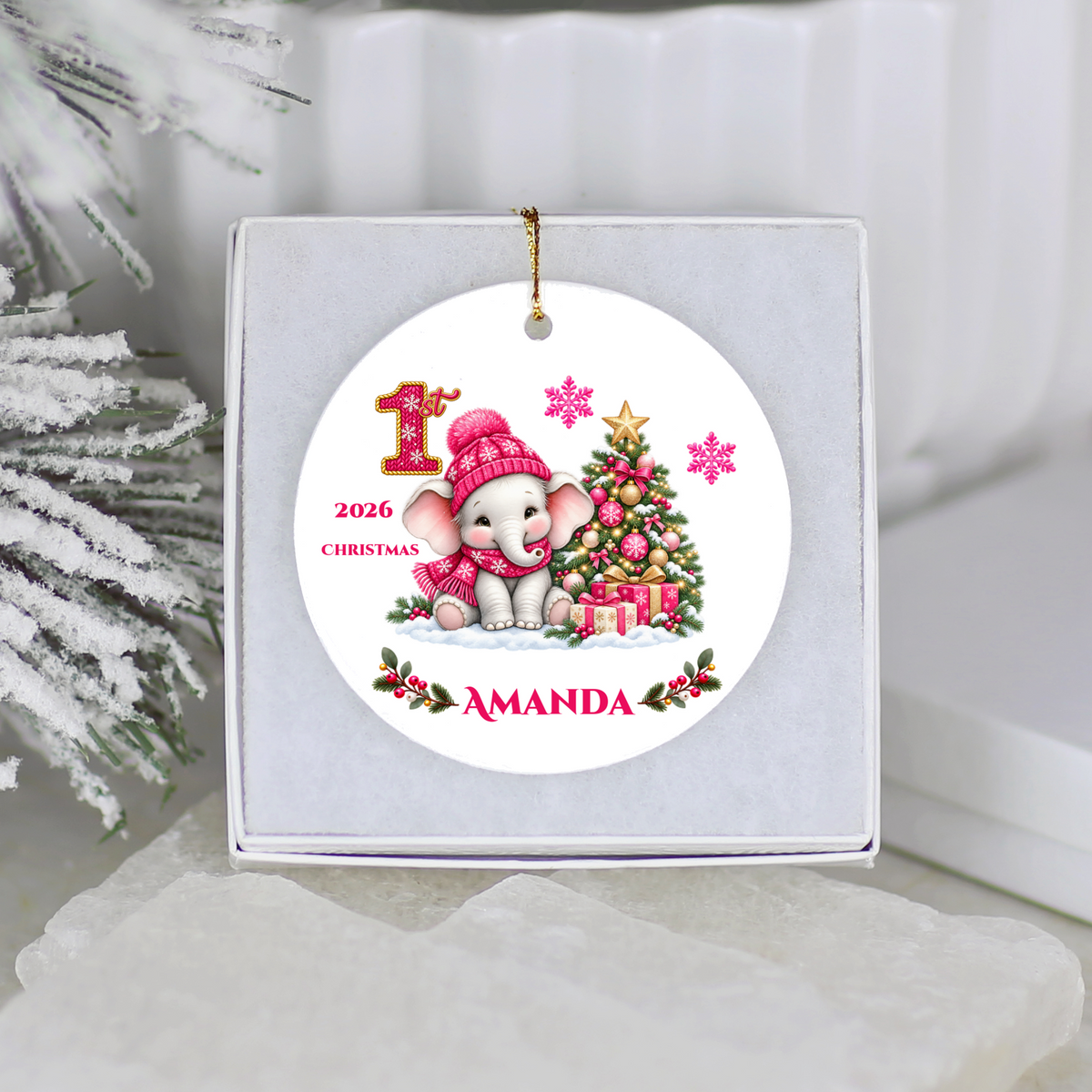 Elephant Baby Personalized Christmas Ornament Pink, Baby's 1st 2nd 3rd Christmas, Custom Name Year Ceramic Keepsake, Girl Gift