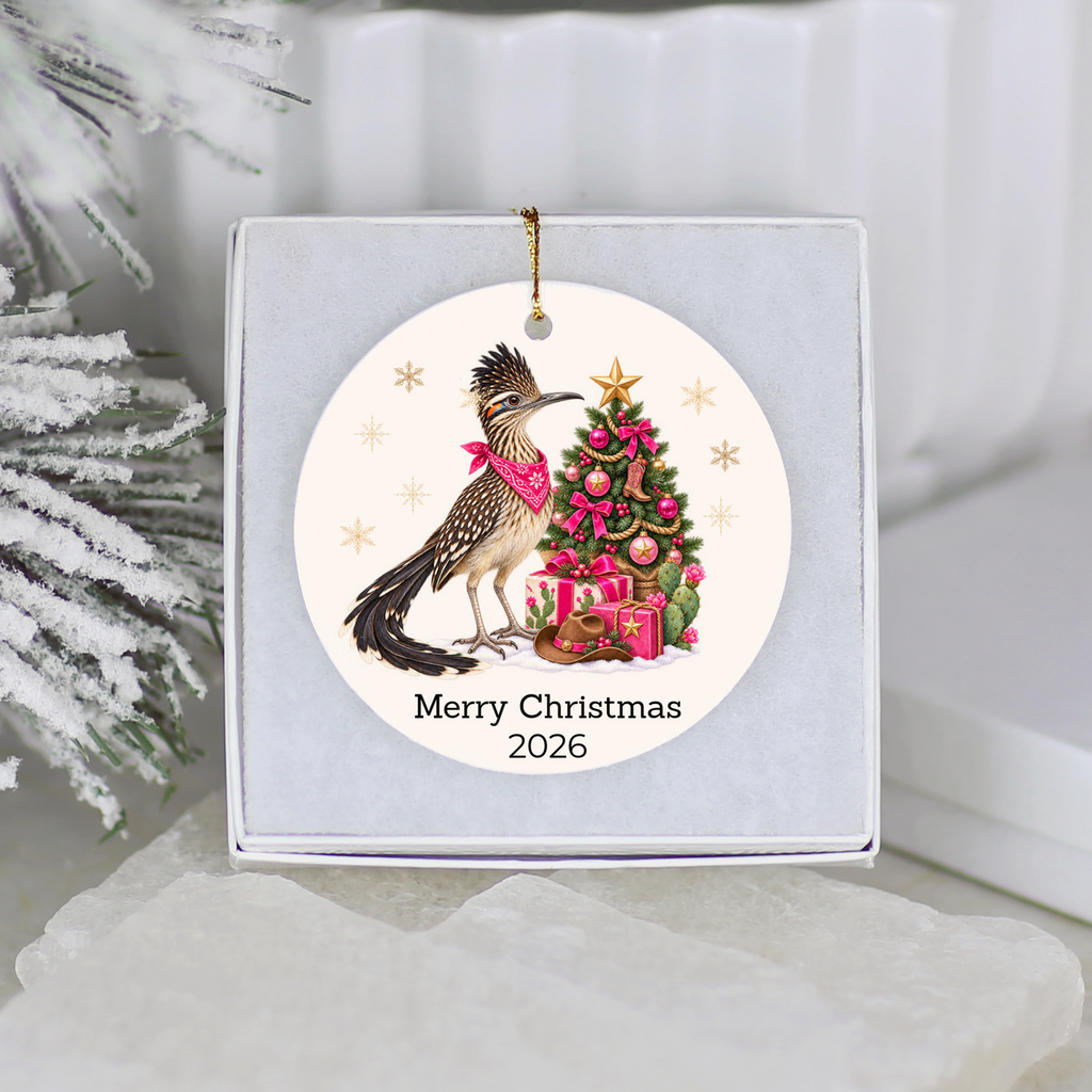Personalized Roadrunner Christmas Ornament, Western Cowboy Cowgirl Decor, Blue or Pink, Custom Text and Year, Southwest Christmas Gift