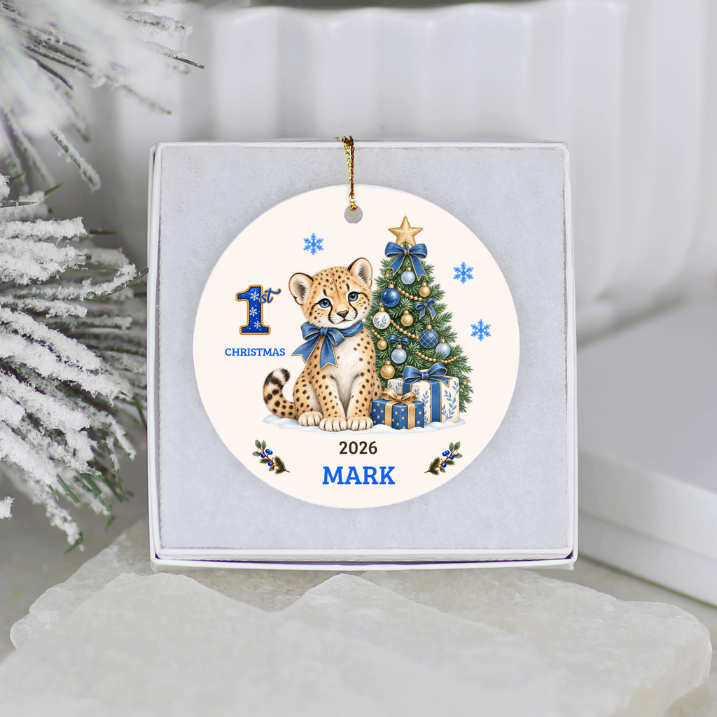 Personalized Baby Cheetah Christmas Ornament, Baby's First Christmas, 1st–10th Year Keepsake, Custom Name and Year, Pink or Blue