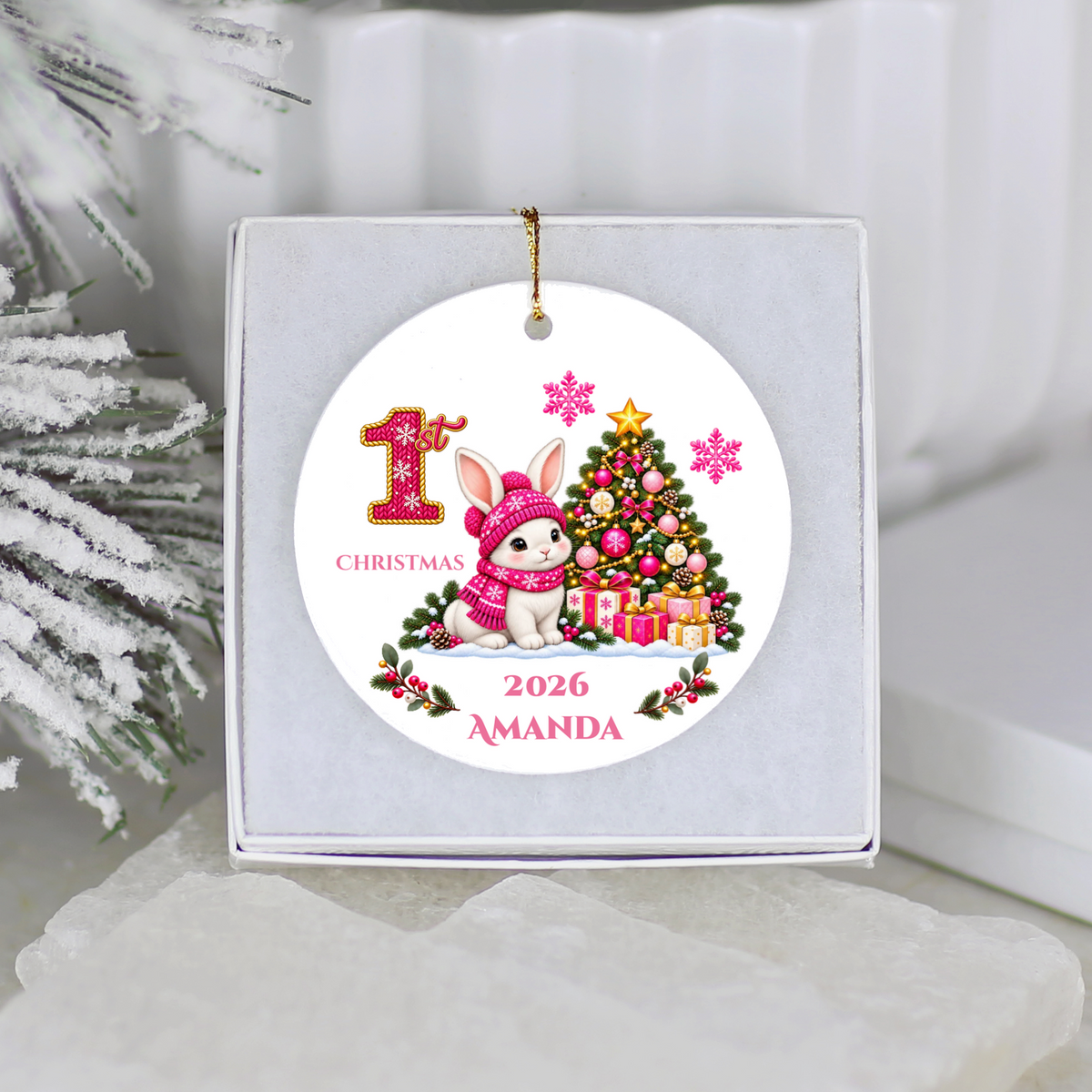 Baby Bunny Personalized Christmas Ornament. Baby's 1st 2nd 3rd Christmas, Custom Name Year Ceramic Keepsake, Girl Gift