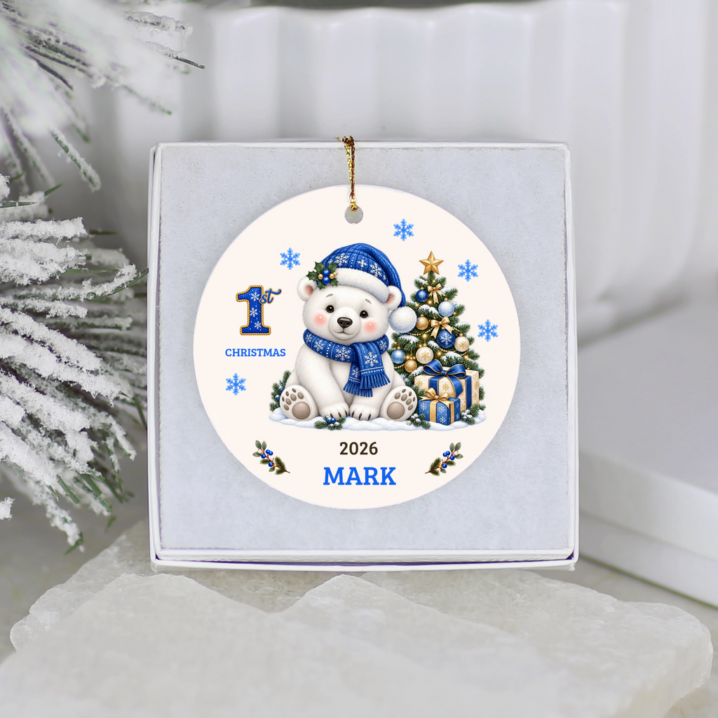 Personalized Baby Polar Bear Christmas Ornament, Baby's First Christmas, 1st–10th Christmas Keepsake, Custom Name and Year, Pink or Blue