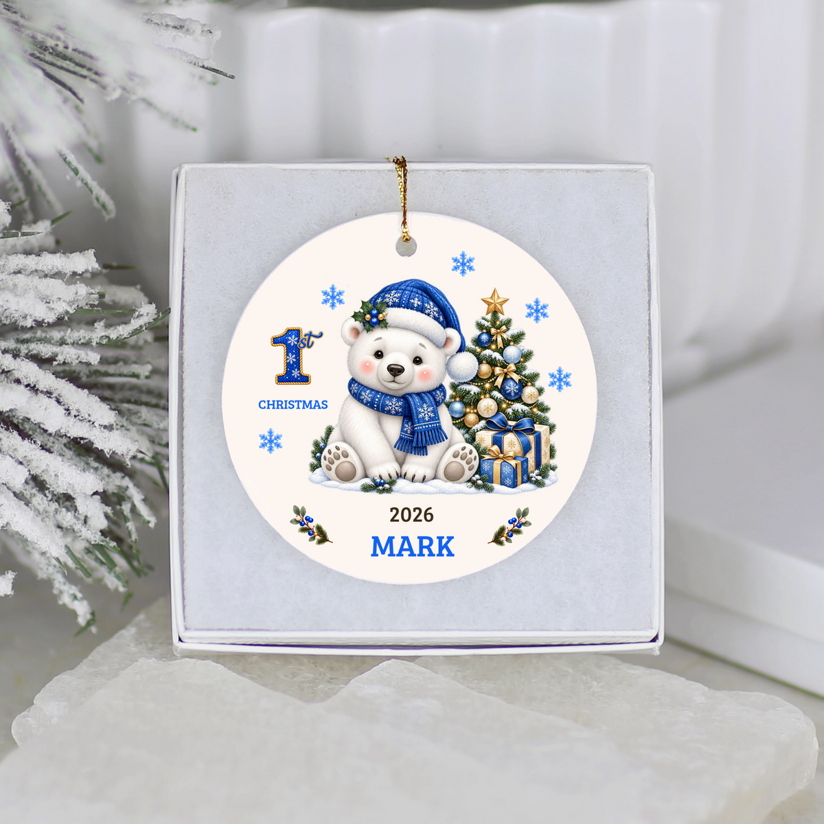 Personalized Baby Polar Bear Christmas Ornament, Baby's First Christmas, 1st–10th Christmas Keepsake, Custom Name and Year, Pink or Blue