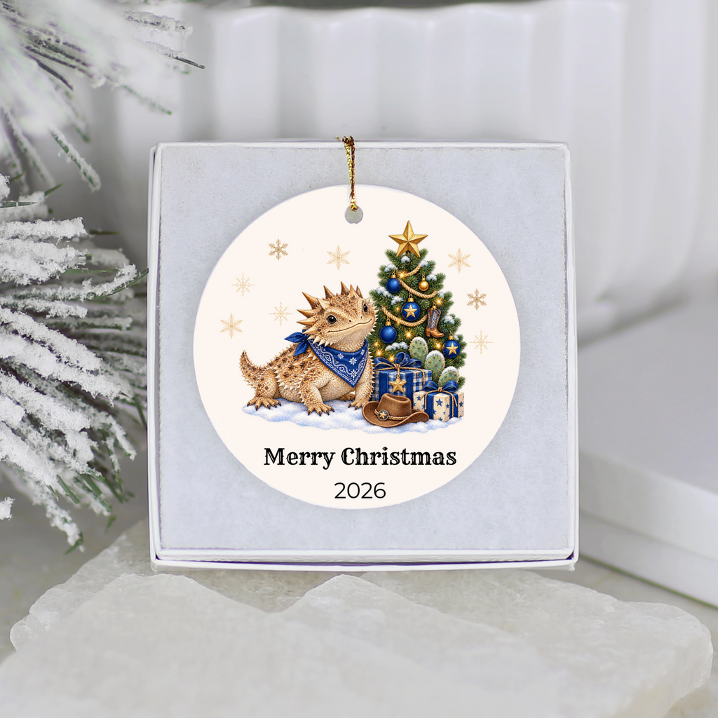 Personalized Horny Toad Christmas Ornament, Texas Horned Lizard, Western Cowboy Cowgirl Decor, Blue or Pink, Custom Name Year Gift