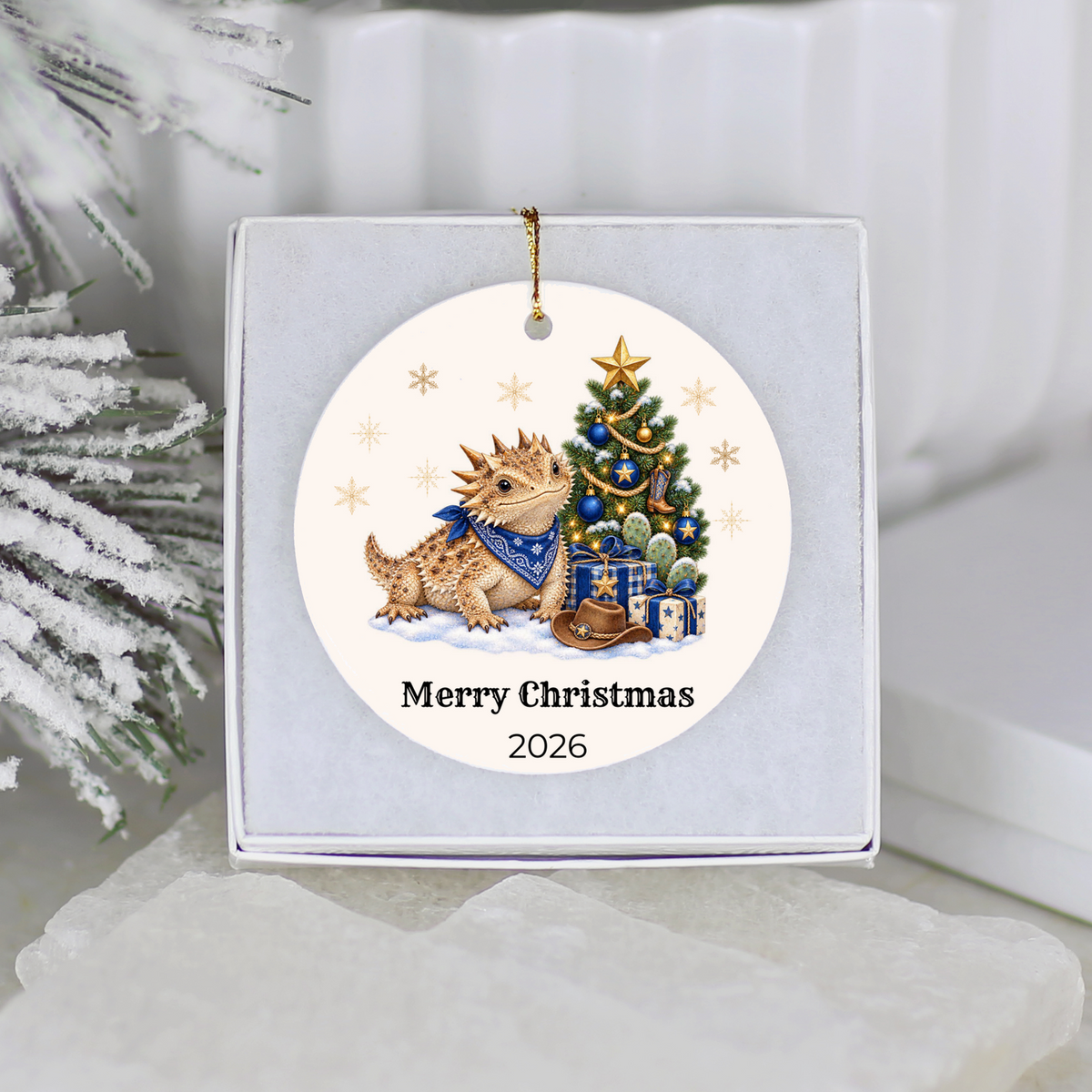 Personalized Horny Toad Christmas Ornament, Texas Horned Lizard, Western Cowboy Cowgirl Decor, Blue or Pink, Custom Name Year Gift