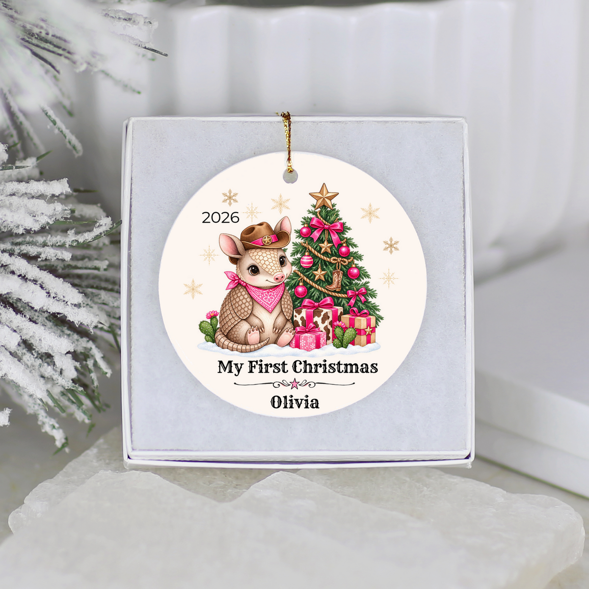 Personalized Baby Armadillo Christmas Ornament, Baby's First Christmas, Western Cowboy Cowgirl Baby Gift, Custom Name Year, Blue or Pink