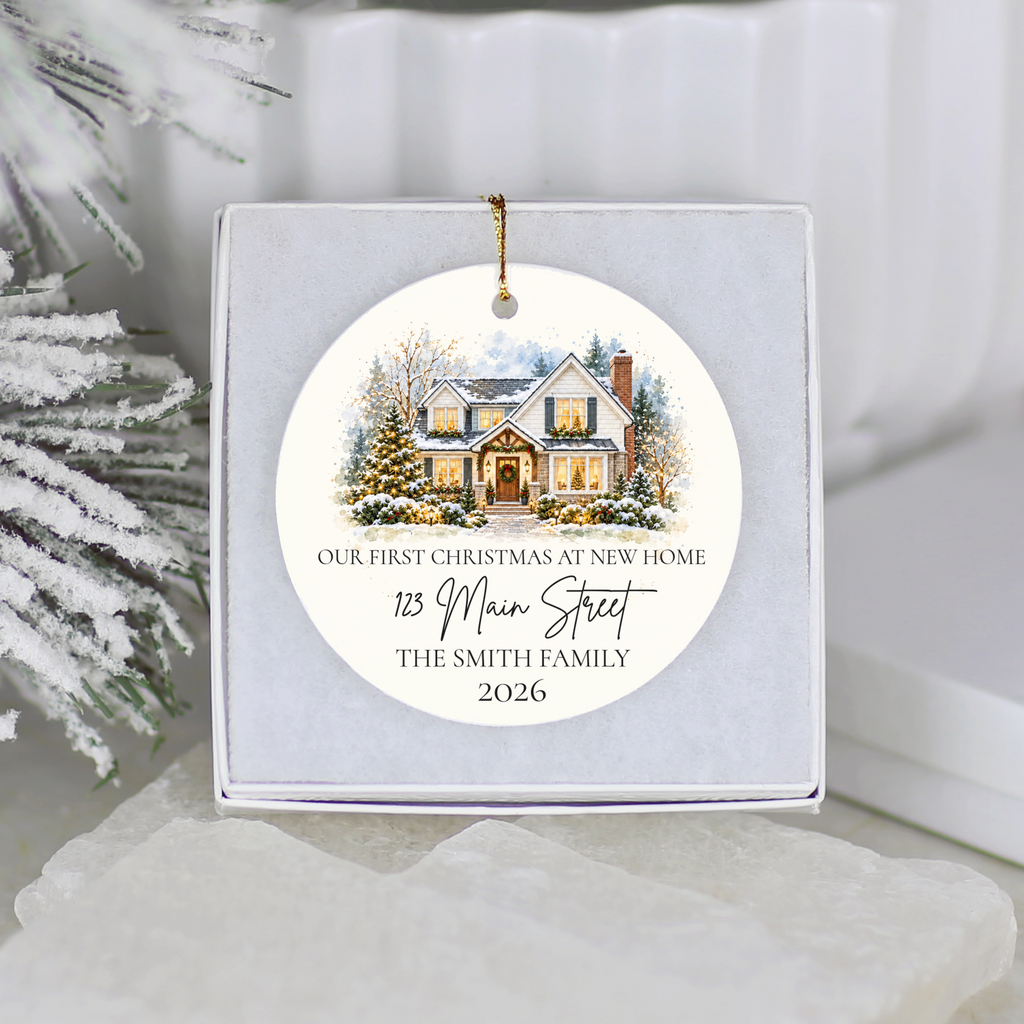 Custom House Photo Christmas Ornament, Personalized First Christmas in New Home, Watercolor House Portrait, Address Family Name Ceramic Gift