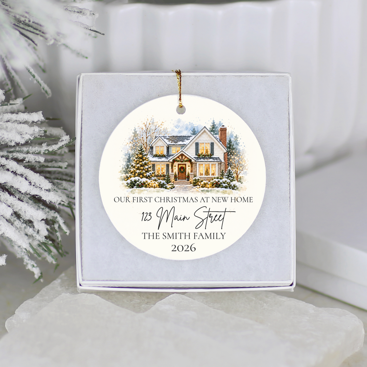 Custom House Photo Christmas Ornament, Personalized First Christmas in New Home, Watercolor House Portrait, Address Family Name Ceramic Gift