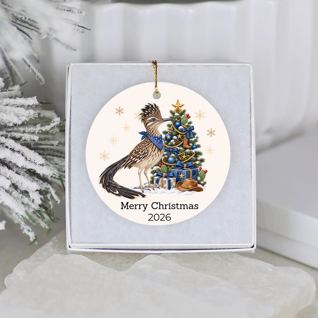 Personalized Roadrunner Christmas Ornament, Western Cowboy Cowgirl Decor, Blue or Pink, Custom Text and Year, Southwest Christmas Gift
