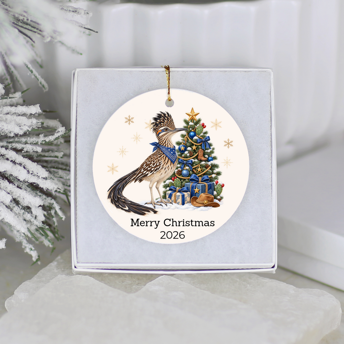 Personalized Roadrunner Christmas Ornament, Western Cowboy Cowgirl Decor, Blue or Pink, Custom Text and Year, Southwest Christmas Gift