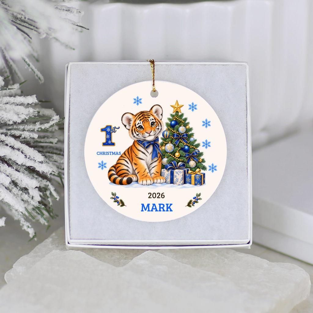 Personalized Baby Tiger Christmas Ornament, Baby's 1st to 10th Christmas Keepsake, Custom Name and Year, Pink or Blue, Ceramic Gift