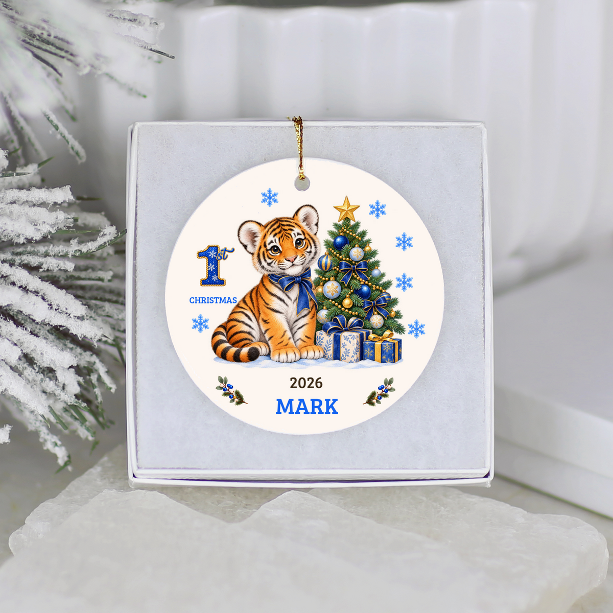 Personalized Baby Tiger Christmas Ornament, Baby's 1st to 10th Christmas Keepsake, Custom Name and Year, Pink or Blue, Ceramic Gift