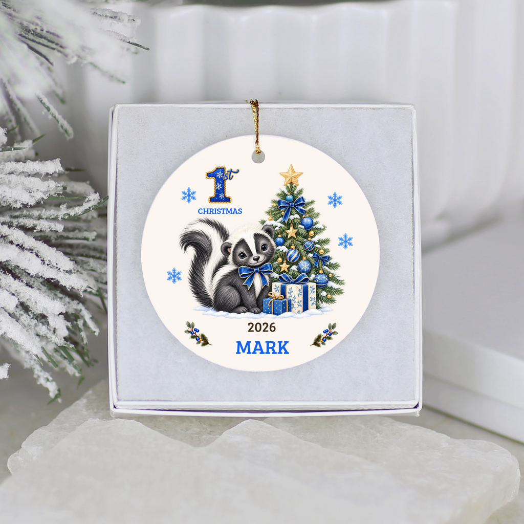 Personalized Baby Skunk Christmas Ornament, Baby's First Christmas, 1st–10th Christmas Keepsake, Custom Name and Year, Pink or Blue