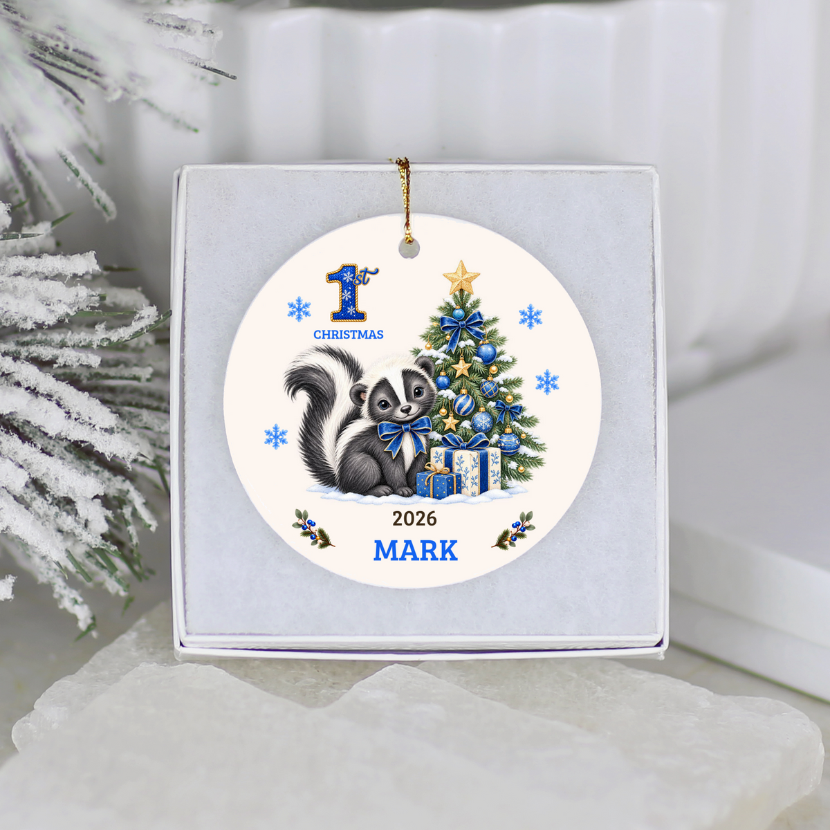 Personalized Baby Skunk Christmas Ornament, Baby's First Christmas, 1st–10th Christmas Keepsake, Custom Name and Year, Pink or Blue