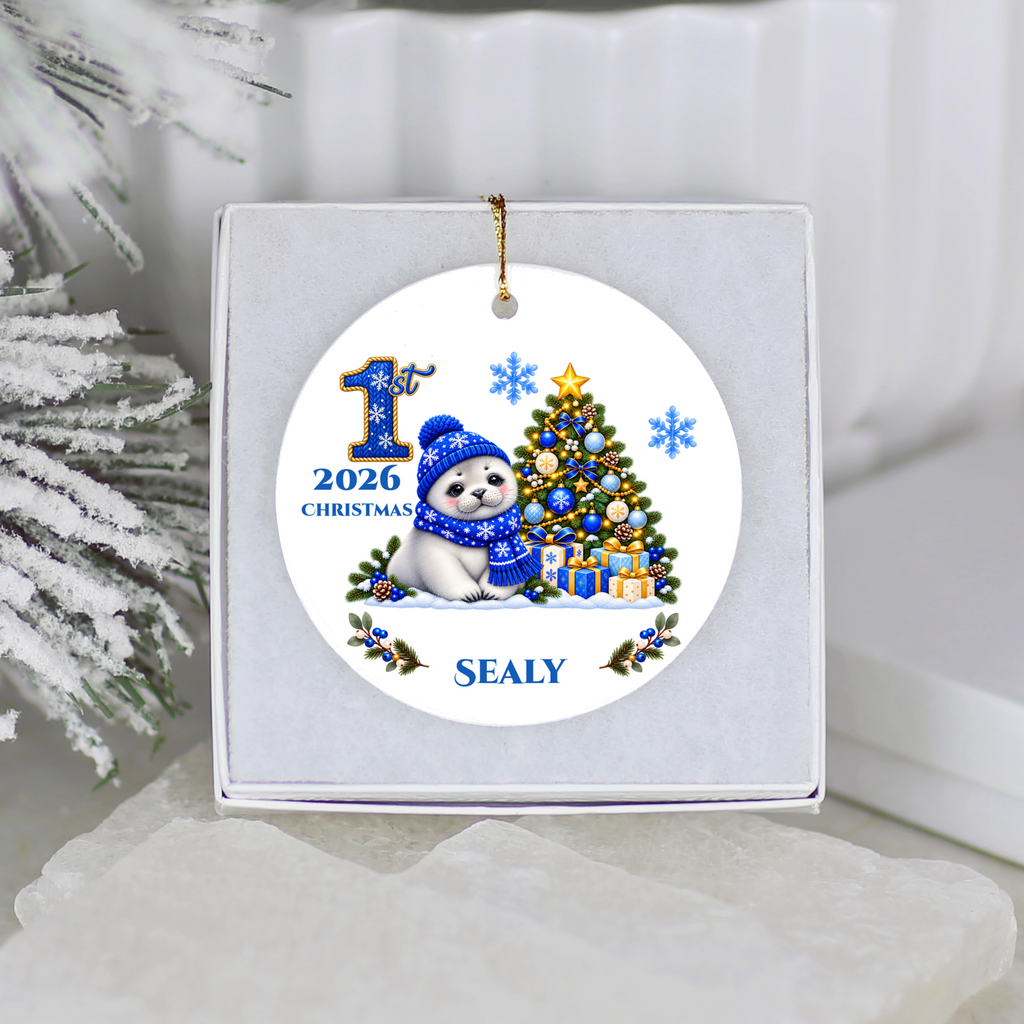 Seal Pup Personalized Baby's 1st 2nd 3rd Christmas Ceramic Keepsake Ornament, Custom Name Year, Boy Gift