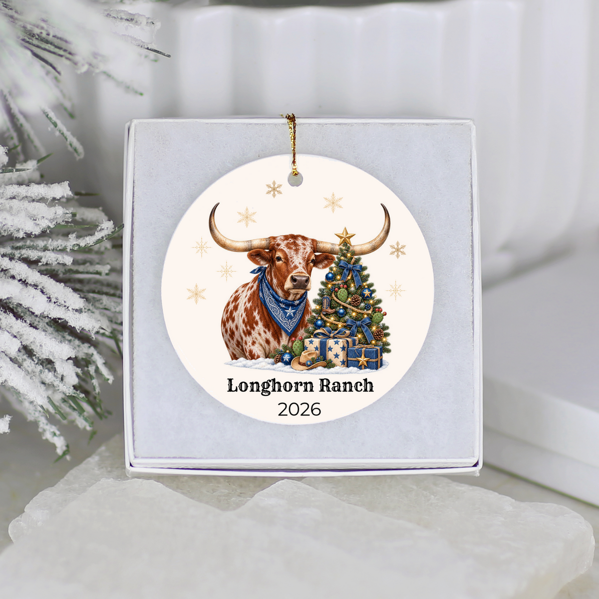 Personalized Longhorn Christmas Ornament, Western Cowboy Ceramic Ornament, Custom Name and Year