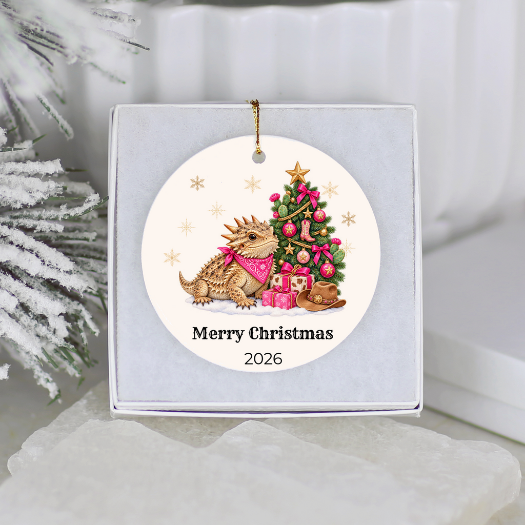 Personalized Horny Toad Christmas Ornament, Texas Horned Lizard, Western Cowboy Cowgirl Decor, Blue or Pink, Custom Name Year Gift