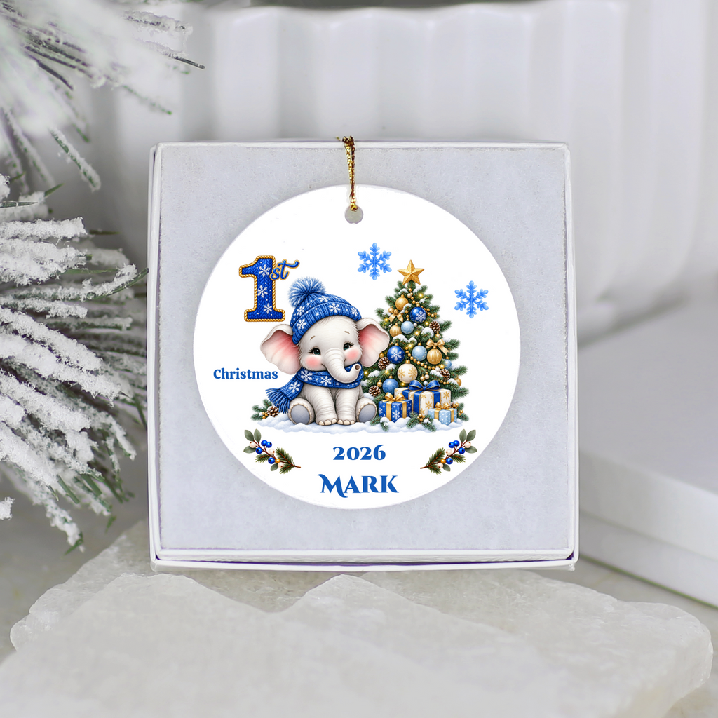 Elephant Baby Personalized Christmas Ornament, Baby's 1st 2nd 3rd Christmas, Custom Name Year Ceramic Keepsake, Girl Gift
