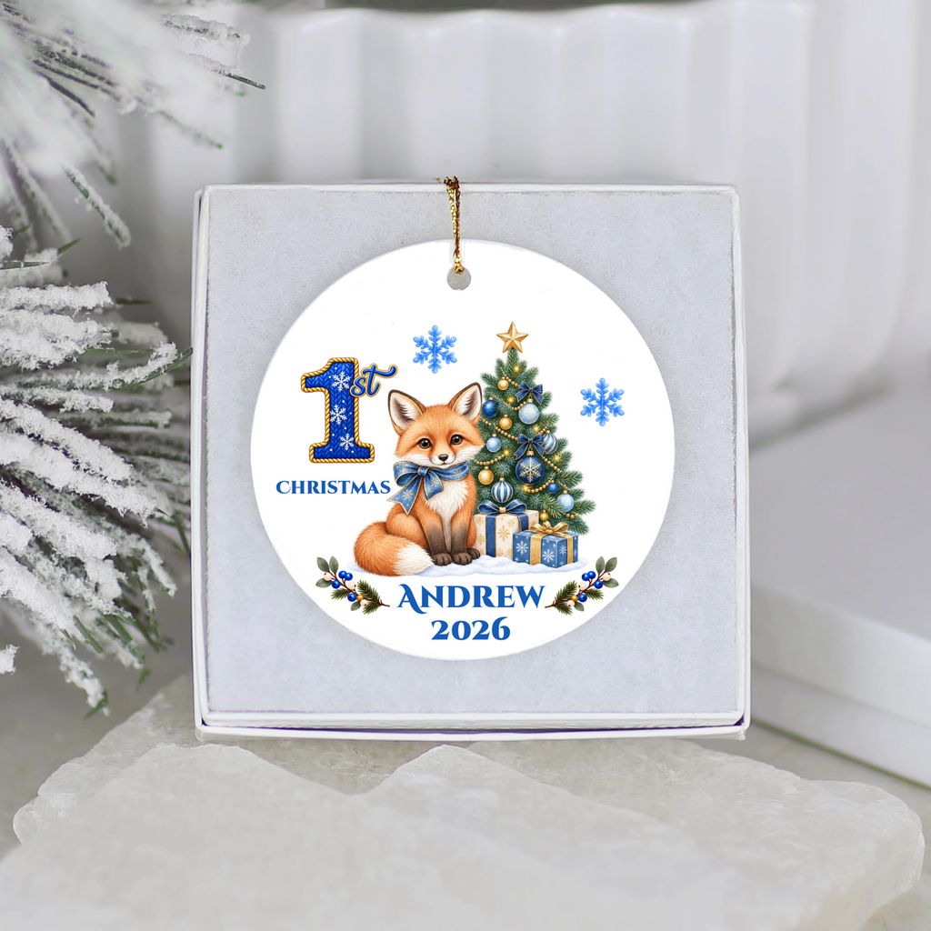 Fox Baby Personalized Christmas Ornament, Baby's 1st 2nd 3rd Christmas, Custom Name Year Ceramic Keepsake