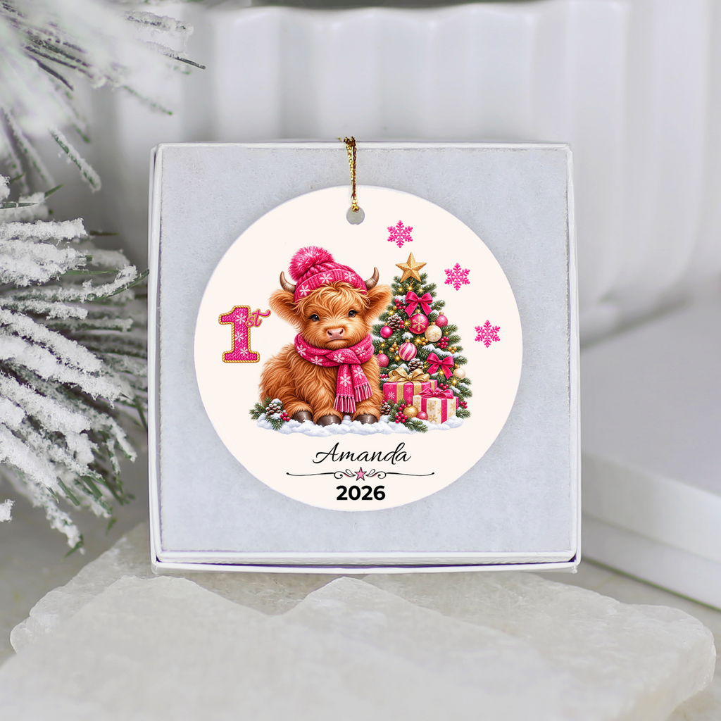 Personalized Christmas Ornament – Pink Girl Highland Cow First, Second, Third Christmas 2026, Custom Name Keepsake, 3 Inch Ceramic Holiday Decor