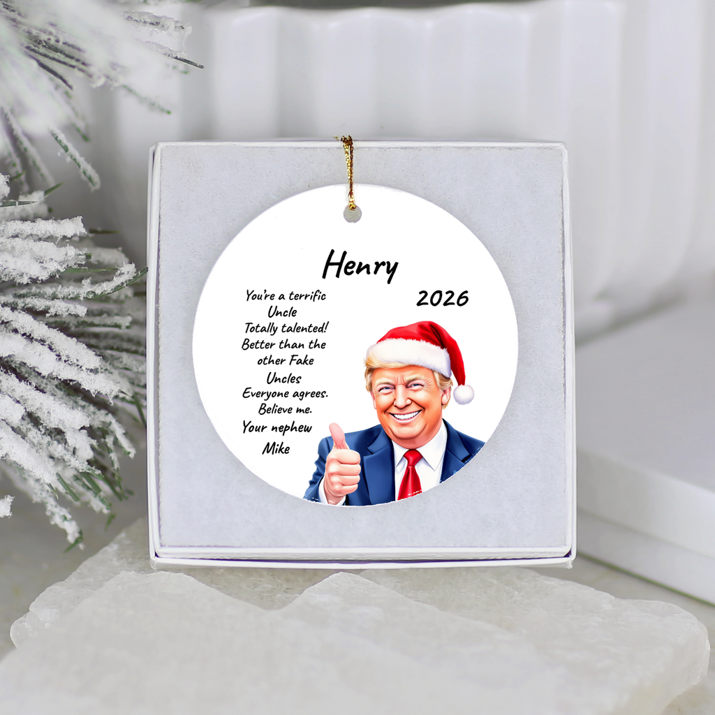 Personalized Trump Christmas Ornament, Funny Santa Hat Trump Gift, Custom Name Year and Relationship, 3 Inch Ceramic Holiday Keepsake