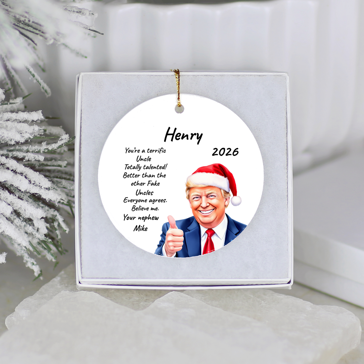 Personalized Trump Christmas Ornament, Funny Santa Hat Trump Gift, Custom Name Year and Relationship, 3 Inch Ceramic Holiday Keepsake
