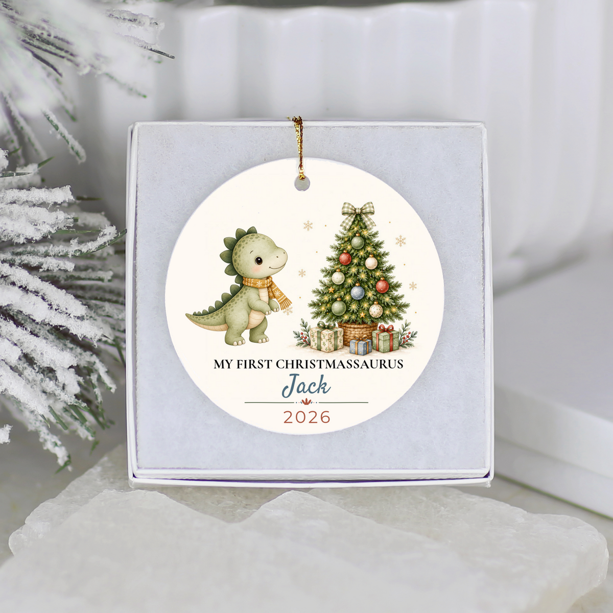 Personalized Dinosaur Christmas Ornament, Baby 1st 2nd 3rd Christmas, Custom Name Year, Christmassaurus Ceramic Keepsake