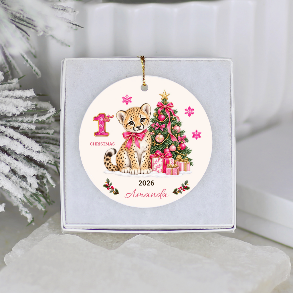 Personalized Baby Cheetah Christmas Ornament, Baby's First Christmas, 1st–10th Year Keepsake, Custom Name and Year, Pink or Blue