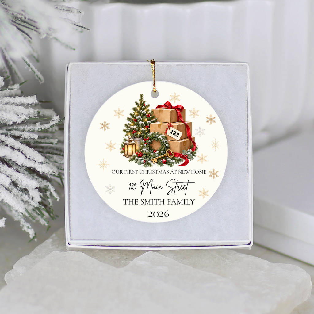 Personalized First Christmas in New Home Ornament, Custom Address Christmas Decoration, Moving Boxes Ornament, New Homeowner Housewarming Gift