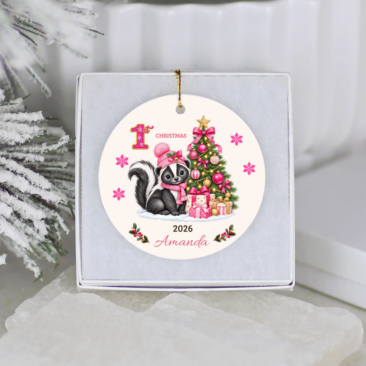 Personalized Baby Skunk Christmas Ornament, Baby's First Christmas, 1st–10th Christmas Keepsake, Custom Name and Year, Pink or Blue